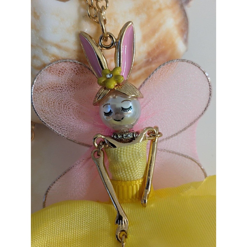 Betsey Johnson FAIRY BUNNY Gold Tone Faux Pearls & CZ Crystals Long Necklace NEW - Picture 3 of 9